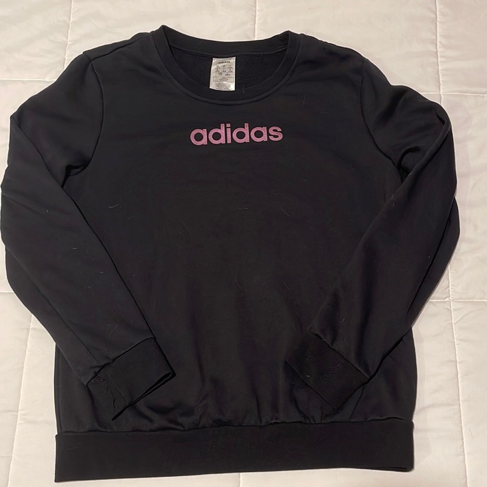 Adidas black essential branded crew sweater with metallic dark purple writing. L